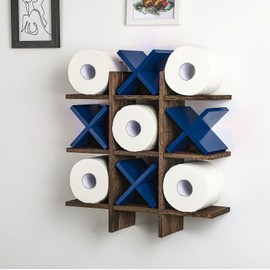 Weysat Tic Tac Toe Toilet Paper Holder Stand Toilet Paper Storage Bathroom Decor Rustic Wooden Hanging Storage Freestanding Wall Mounted Shelves Decor for Toilet Tissue Farmhouse(Brown, Blue)