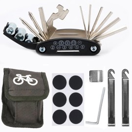 Quixotical 16-in-1 Bicycle Multi-Tool Kit - Puncture Repair Kit with Tire Levers, Glue-Free Patches, Hex Wrench, Tire Rasp, Portable Bag for Mountain Bike Emergencies