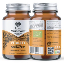 Love Mushrooms - Organic Cordyceps Capsules - 15,000mg - Cordyceps Mushroom Supplement for Endurance and Energy Boost - Vegan and Made in The UK - Natural Colours and Flavours - 30 Capsules