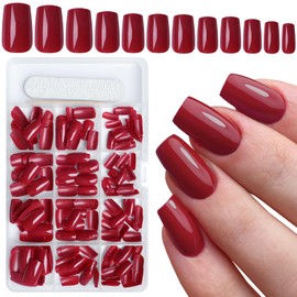 AddFavor 240pcs Red Press on Nails Medium Square Fake Nails, Glossy Acrylic Press on Nails Gel False Nails with Adhesive Stick for women