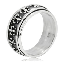 Treasure Bay Men's Women's Spinning/Spin/Spinner Ring Fleur-de-lis 10MM Band Finger Ring Solid 925 Sterling Silver (T)