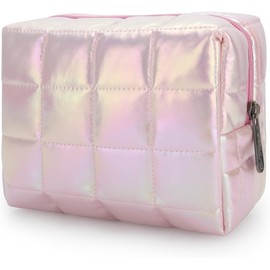 Bonita bolsa de maquillaje, bolsa de cosméticos acolchada, bolsa de maquillaje para bolso, bolsa de aseo con cierre, bolsa a cuadros, funda de viaje, bolsas de almacenamiento para (rosa deslumbrante)