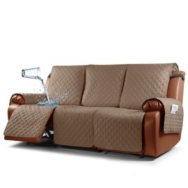 Ruaozz Waterproof Recliner Sofa Cover 1-Piece Couch Covers for Reclining Couches Reclining Sofa Cover Washable Furniture Protector with Elastic Straps Pocket for Kids, Pets (Light Brown, 3 Seater)