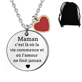 LEEQBCR 1 Piece Red Peach Heart Round Tag Necklace, Funny Inspirational Necklace, Mother Daughter Necklace, Ladies Necklace, Birthday Gift for Woman Girl Daughter, Comes with Black Velvet Pouch