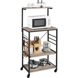 Topeakmart 50'' Height Metal Frame Bakers Rack for Kitchens with Storage Shelf and Side Hooks on Wheels, Utility Storage Rack and Shelf Microwave Oven Stand Cart 4 Tiers with Adjustable Feet, Gray