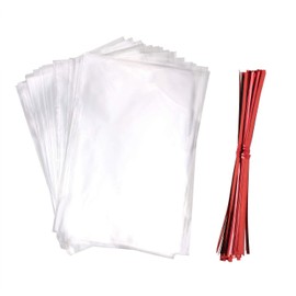 Mini Skater 5 x 7 Inch Clear Flat OPP Cello Cellophane Treat Bags With 100Pcs Red Twist Ties For Wedding Gift Candy Cookie Bakery Bread Dessert, 100Pcs