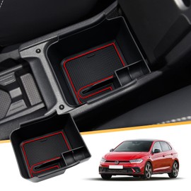 LFOTPP Centre Console Storage Box for V-W Polo MK6 AW1 GTI 2018-2023 2024, Centre Armrest Organiser, Polo MK6 AW1 Armrest Storage Box Interior Glove Box Car Accessories (Red)