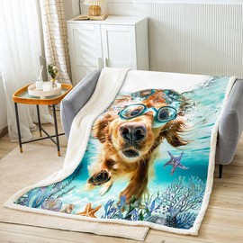 Feelyou Kids Boys Girls Ocean Fleece Throw Blanket Ocean Dog Plush Blanket Toddler Sea Sherpa Blanket Beach Coastal Fuzzy Cozy Soft Blanket 40"x50"