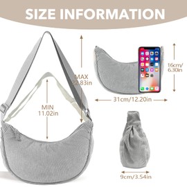 GoPaw Women's Corduroy Crossbody Bag, Crescent Moon Bag, Corduroy Shoulder Bag, Women's Crescent Moon Bag, Shoulder Bag with Shoulder Strap, Adjustable Casual Corduro, gray