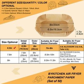 BYKITCHEN Air Fryer Parchment Paper Liner, 50PCS Square Liners Disposable, Greaseproof for Fryer, Compatible with COSORI, Ninja, Tower Cosori (Unbleached)