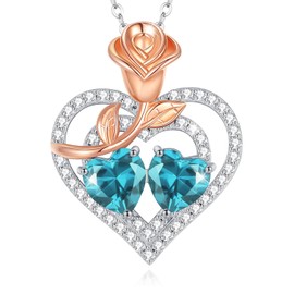 AGVANA December Birthstone Jewelry Blue Topaz Necklace Sterling Silver Rose Flower Heart Double Birthstone Pendant Necklace Anniversary Birthday Gifts for Women Mom Wife Lady Her