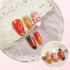 30Pcs Thanksgiving Press on Nails Medium Almond Fake Nails 3D Gradient Flower False Nails Maple Leaf Pumpkin Design Stick on Nail Shiny Rhinestone Beads Acrylic Nails White French Tip Nail for Women
