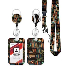 Heavy Duty ID Badge Holder with Retractable Badge Reel Clip, Breakaway Lanyards, Vertical ID Card Holder for Nurses, Doctors, Teachers, Women, Men - Vintage Bookshelf