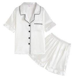 Hupohoi Summer Satin Pajama 2 Pieces Ruffles Sleeve Shorts Loung Sets Button Down Sleepwear for Teen Girls with Pockets, White, 12