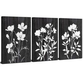 Black and White Flower Wall Art for Bathroom Abstract Floral Botanical Canvas Pictures Minimalist Wildflower Silhouette Prints Rustic Farmhouse Decor Living Room Bedroom Home Decoration 12x16" 3Pcs
