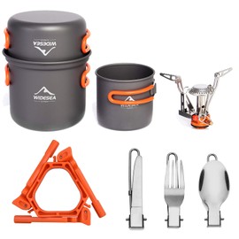 widesea 8pcs Camping Cookware Mess Kit with Lightweight Pot Pan Stove and Tank Bracket, Fork Knife Spoon Kit for Backpacking, Outdoor Camping Hiking and Picnic