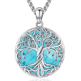 Aniu Tree of Life Necklace for Women, 925 Sterling Silver Celtic Family Tree Pendant Turquoise Jewelry for Birthday Anniversary Christmas Gift
