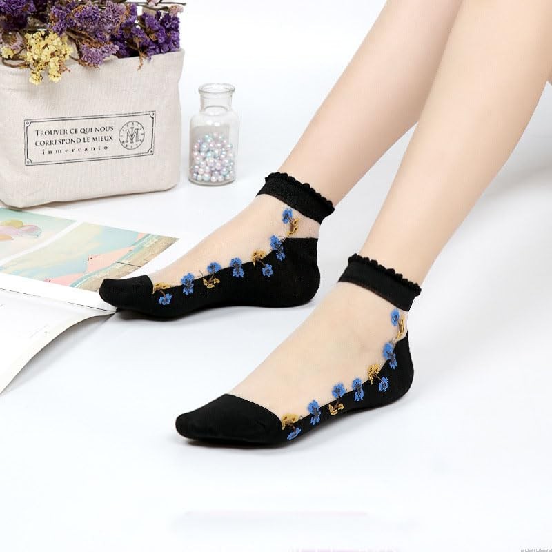 [Feiyda] 靴下 レディース 透明 花柄 ソックス 薄手 春夏用 綿底 通気性