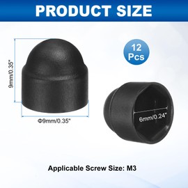 sourcing map 12Pcs Hex Nut Cover, M3x6x9mm Plastic Dome Nut Protection Cap Hex Screws Bolt Covers for Indoor Outdoor Furniture Automotive Bolts Decoration, Black