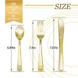 Slomg 200 Pack Gold Plastic Silverware, Disposable Heavy Duty Cutlery Set with 100 Forks 50 Spoons 50 Knives, Reusable Flatware Dinnerware Serving Utensils for Catering Wedding Party Dinner Daily Use