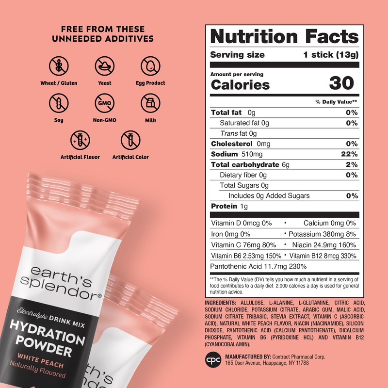 Earth's Splendor Electrolytes Powder Packets Sugar Free White Peach Hydration