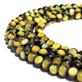 ABCGEMS Rainforest Kamagong Ebony Wood Beads with Australian Golden Oyster Shell - Front & Back Inlay (Each Bead is a Testament to Labor Intensive Artistry) 7-8mm Smooth Round (8 Inches, 28-29 Beads)