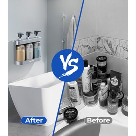 YWEHS Shampoo Dispenser for Shower Wall Mounted, Shower Soap Dispenser 3 Chamber No Drill, 12.85 fl.oz*3 Shampoo Conditioner Body Wash Dispenser for Bathroom Hotel, Silver, 3 Refillable Bottles…