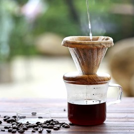 ATHIA glass pour over coffee maker set, minimalist drip coffee maker with reusable cloth filter, glass coffee dripper & walnut lid for single cup manual brewing (Walnut Wood)