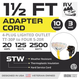 Iron Forge Cable 30 Amp to 20 Amp RV Electrical Adapter Power Cord, 1.5 Ft - 10/3 STW TT-30P Male Plug to 4 5-20R Female Receptacles