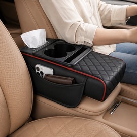 Car Center Console Armrest Cushion with Storage – PU Leather Organizer with Cup Holders, Phone Pockets & Tissue Holder