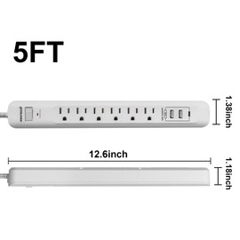 Oviitech Surge Protector Power Strip with USB Ports,6 AC Outlets with 3 USB Ports Power Strip(2 USB-A,1 USB-C),5FT Extension Cord Flat Plug,White,2 Pack,ETL Listed.