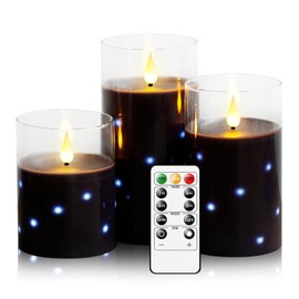 Nimiko Real Wax Flameless Candles Glass,Battery Operated LED Candles with Flickering Flame,Glass Shell,Interior Star Light Decoration Set of 3 Black (D3×H 4" 5" 6") for Home Decor,Holiday Decoration