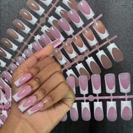 Acrylic French Tip Press On Nails - Base Color: Pink, Matte or Gel/Shiny: Gel/Shiny