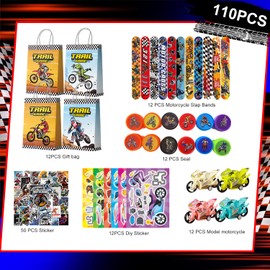 Fruitful Jewelry 110pcs Motorcycle Birthday Party Favors Set, Dirtbike Party Goodie Bag Slap Bracelets Stampers DIY Motorcycle Stickers etc Dirt Bike Birthday Favors