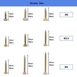 Screws Set, Wood Screws, Colour Zinc Screw Set Screws Assortment M4 M3.5 M3 Screws Set, 360 Pieces Self-Tapping Wood Tooth Screws Carpenter's Screws Sets for Furniture