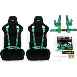 TANAKA 2 X TANAKA UNIVERSAL GREEN 4 POINT BUCKLE RACING SEAT BELT HARNESS 2"