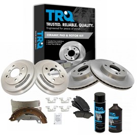 TRQ Front & Rear Disc Brake Rotor & Ceramic Brake Pad Shoe and Drum Kit with Brake Fluid & Cleaner Kit Set Compatible with 2011-2016 Ford Fiesta