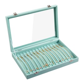 Frebeauty 15 Hooks Necklace Tray Velvet Neckalce Organizer with Clear Lid Lockable Necklace Holder Box Jewelry Organizer for Pendants Chains Necklace Jeweley Tray for Women Girls(Turquoise)