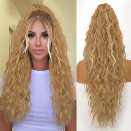 ORSUNCER Ponytail Extension Claw 26" Curly Pony Tail Clip in Claw Hair Extensions Fluffy Natural Looking Synthetic Hairpiece for Women Medium Blonde Highlights