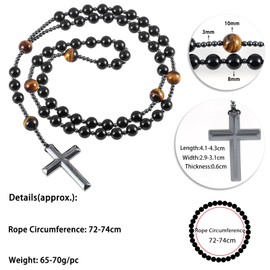 KYEYGWO Hematite Long Beaded Cross Necklace for Men Women, Catholic Rosary Necklace for Faith Prayer Protection, Obsidian & Tiger's Eye Stone