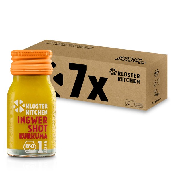Kloster Kitchen Organic Ginger Shot Turmeric 1SHOT 7 x 30 ml with Real Ginger Pieces I Ginger Shot with Turmeric Vegan in the To Go Bottle I Sweet-Spicy without Additives & with Natural Sweetness