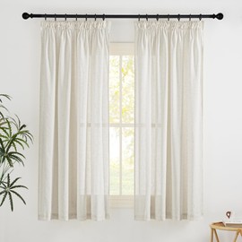 KGORGE Linen Curtain Ruffle Tape Curtains Living Room Set of 2 145 cm x 140 cm (H x W) Linen Look Boho Linen Curtain Semi-Transparent Linen, Natural Colour