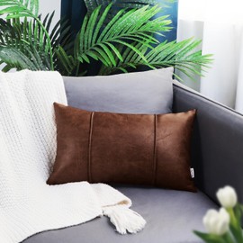 BRAWARM Dark Brown Leather Throw Pillow Covers 12 X 20 Inches - Faux Leather Lumbar Pillow Cover with Piping, Hand Stitched Leather Throw Pillow for Couch Sofa Bed Living Room Home Decorative
