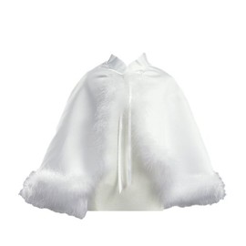 Girl's White Satin Communion Cape with Marabou (Feather) Trims - Large / 12-14