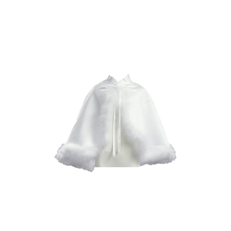 Girl's White Satin Communion Cape with Marabou (Feather) Trims -