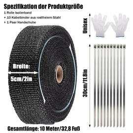 ZSOPN 10 m exhaust heat protection tape, exhaust sealing tape, heat protection tape, exhaust with 10 pieces stainless steel cable ties and gloves, exhaust tape for cars, motorcycles, exhaust pipes,