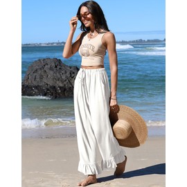 TARSE Women’s Wide Leg Linen Pants with Drawstring Waist and Ruffle Hem Casual Loose Fit Trousers for Daily Wear(White,XXL)