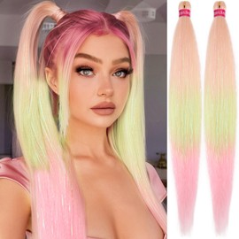 Ombre Pink-Yellow-Pink Braiding Hair with Tinsel 30 Inch Pre Stretched Braiding Hair 2 Packs Pre Feathered Hair Extensions Yaki Texture Braids Hair Easy to Use