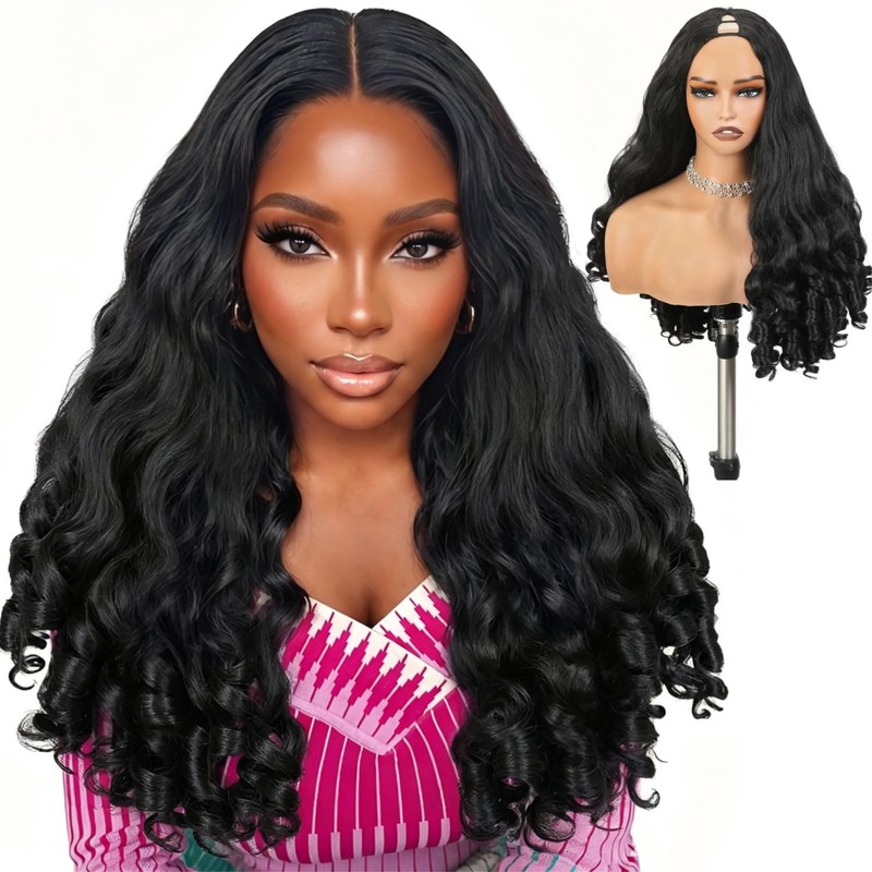 Yaki Curly V Part Wigs Black Loose Wave Wig with