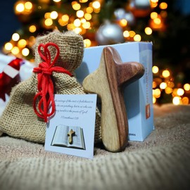 Wooden cross for Christian Jesus Prayer HandHeld Natural 3.5" Inch Portable Wooden cross With Pouch and Gift Box christian gifts for Men & Womens pocket cross.